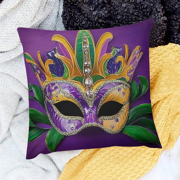 YILUYINQING Mardi Gras Mask Throw Pillow Cover Buffoon Cartoons Colorful Purple Yellow Green Pillow Covers  Soft Couch Cushion Case for Bedroom Sofa Living Room Home Decor 18x18in