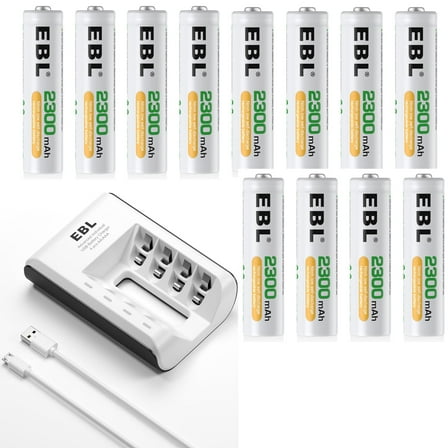EBL Rechargeable AA Batteries (12 Pack) with 4 Bay Battery Charger for Nicd Nimh Batteries with USB Cable