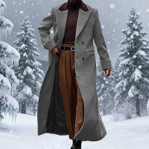 Mens Dress Coat Winter Long Trench Coat Double Breasted Notch Lapel Full Length Overcoats for Winter