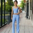 thumbnail image 2 of Foldover Waist Flare Leg Yoga Pants in Ribbed Knit - X Large, Light Blue, 2 of 6