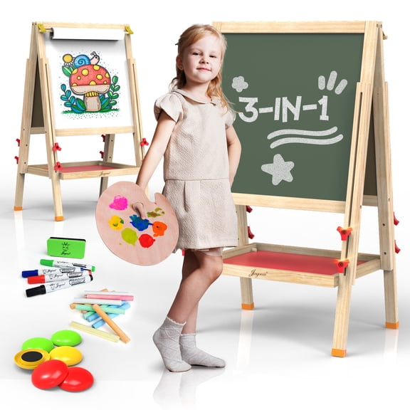 JOYOOSS Easel for Kids Art Easel Kids Easels for Toddlers Easel,Dual-Sided Adjustable Wooden Magnetic Board for Kids 106-RED