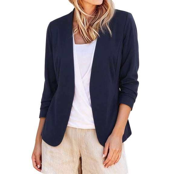 Vmvidoty 2026 Women's Collarless Blazer Ruched 3/4 Sleeve Open Front Business Work Office Jacket Blazers Navy S