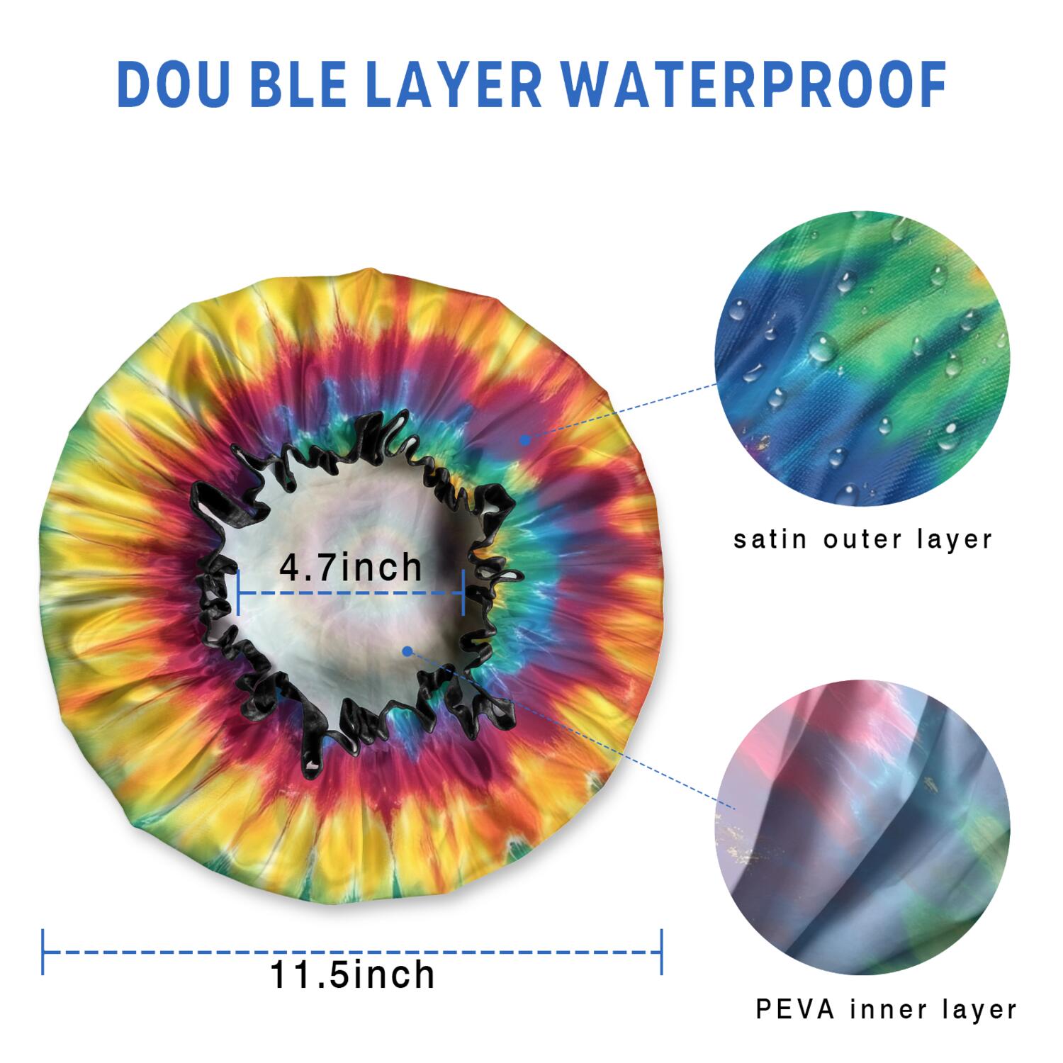 Shower Caps,Colorful Rainbow Tie Dye Spiral Pattern Waterproof Shower Cap for Women 4 Pieces,Double Reusable Hair Cover for Shower PEVA Elastic Stretch Hem