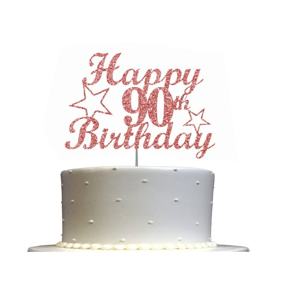90 Birthday Cake Topper Rose Gold Glitter, 90th Party Decoration Ideas, Sturdy Doubled Sided Glitter, Acrylic Stick. Made in USA