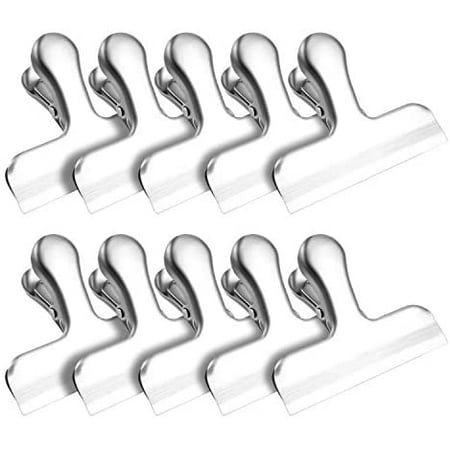 

10 Pack Stainless Steel Chip Bag Clips - NO Sharp Edges - Heavy Duty Metal Clip for Grip Food Bags and Chip Bags & Paper Clamps etc 3 Inches Wide Air Tight Seal Silver