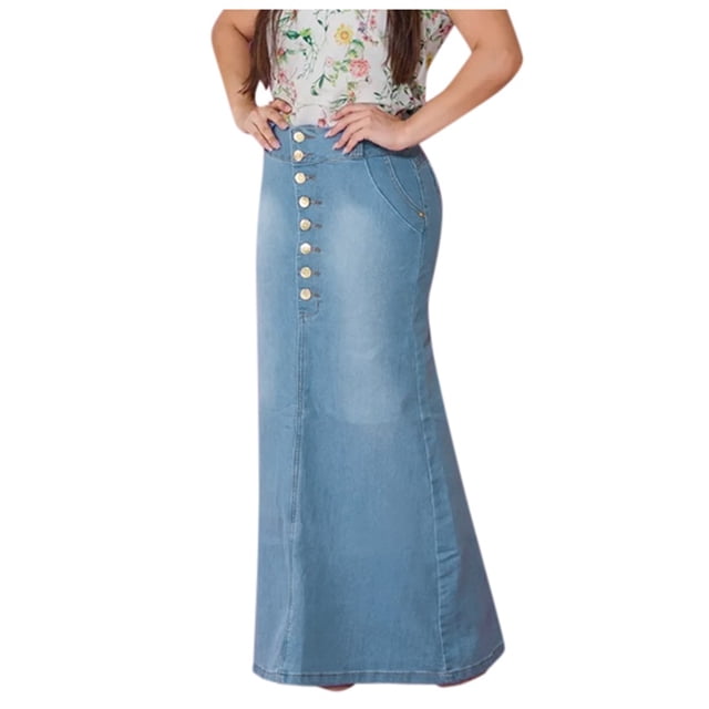 GPOECD Women's Long Denim A-Line Button Front Washed Casual Jean Skirt