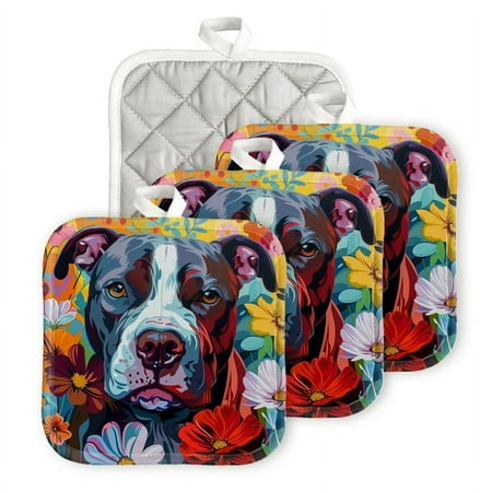 

BaHomeck Pot Holders 4pcs dacron Made Square heat-resisting mat Machine Washable for Kitchen Oven Hot Pads 6.7inch*6.7inch Colorful Vibrant Of Pitbull Dog Surrounded By Flowers