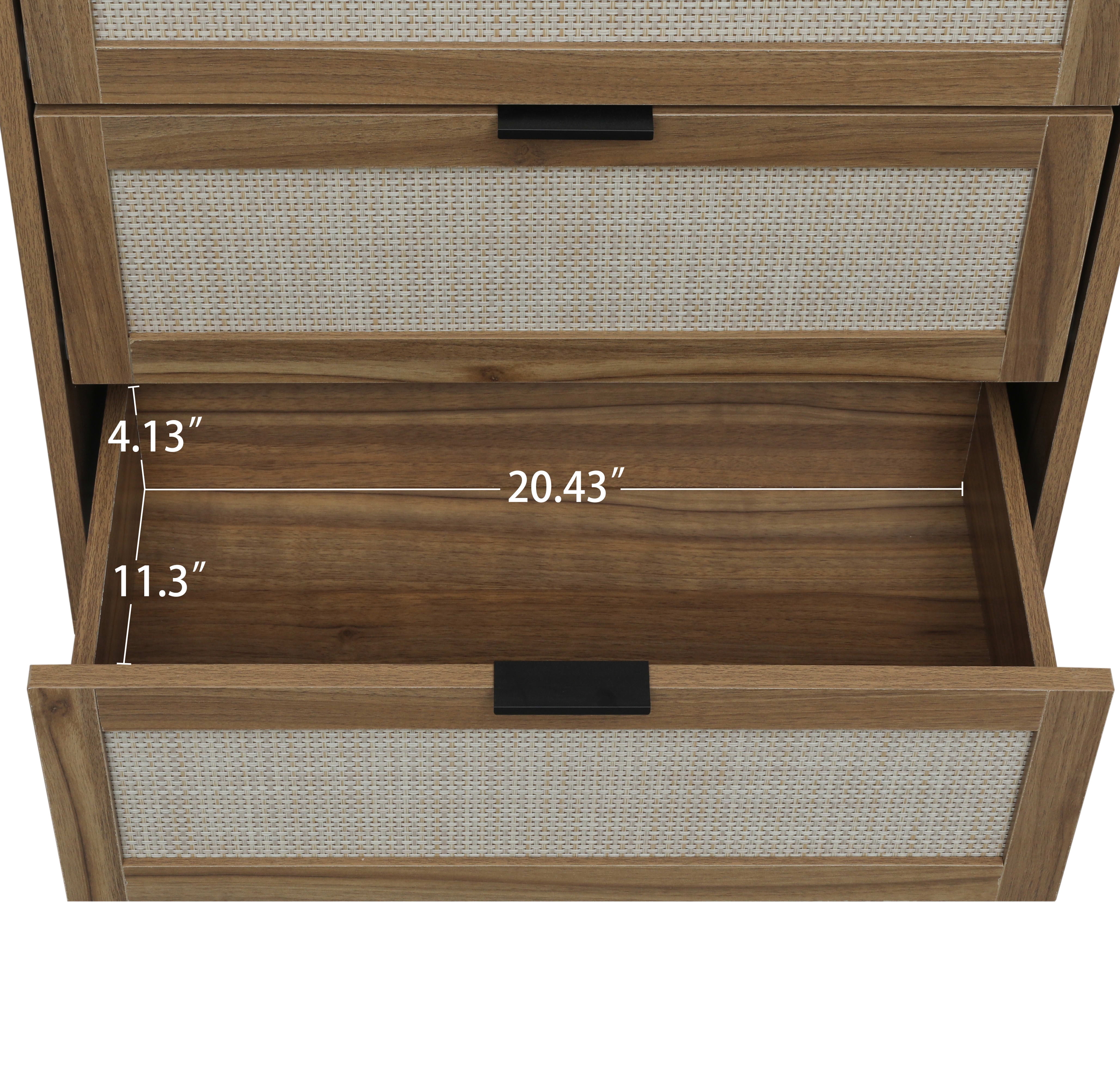 Aukfa 3 Drawer Tall Dresser Nightstand with Rattan Storage Drawer for Bedroom Living Room, Walnut