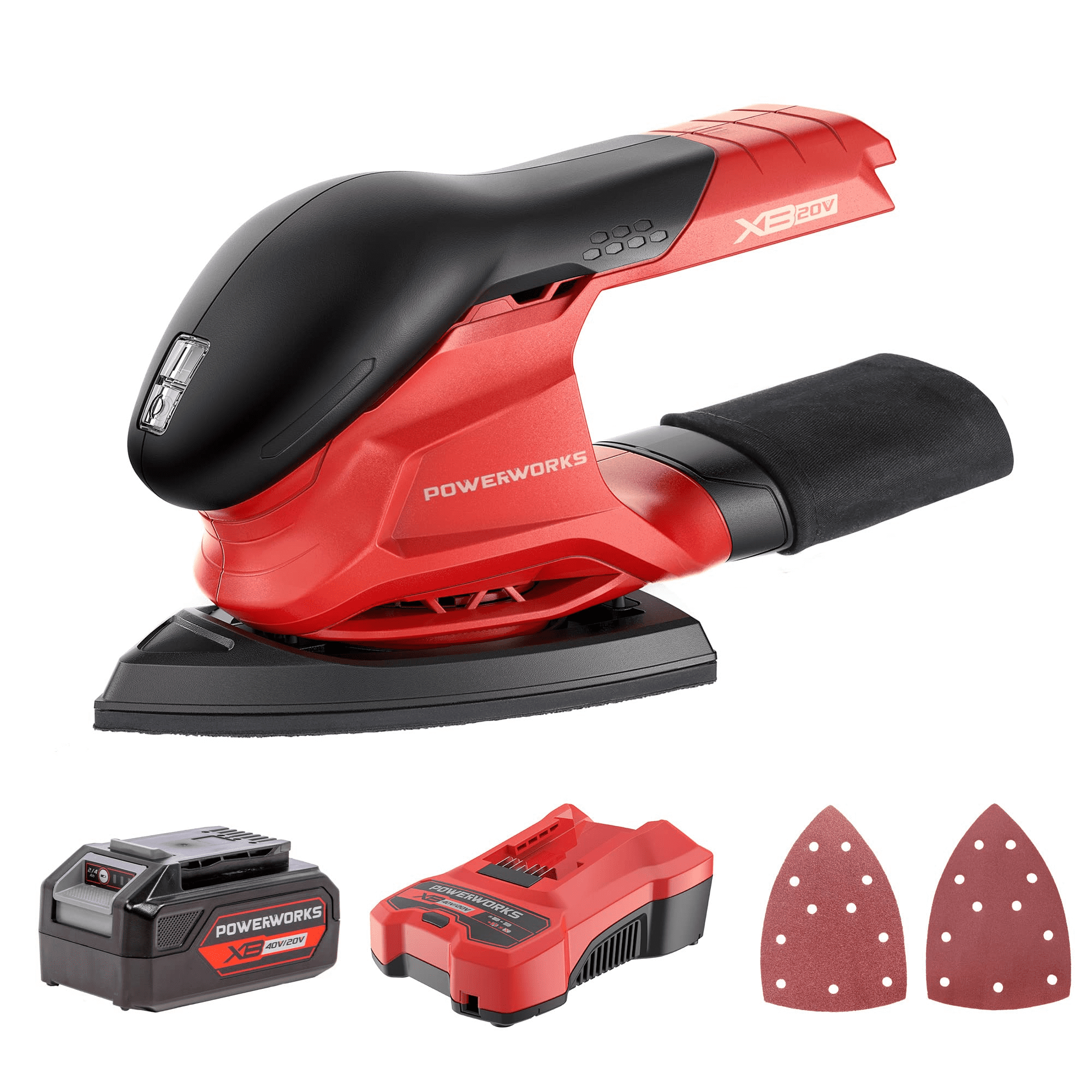 POWERWORKS XB 20V Cordless Finishing Sander, Battery and Charger