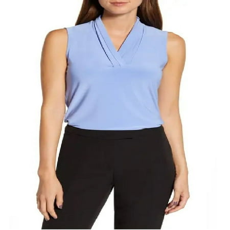Anne Klein Women's Triple Pleat V-Neck Jersey Top Peacock Blue Size Large