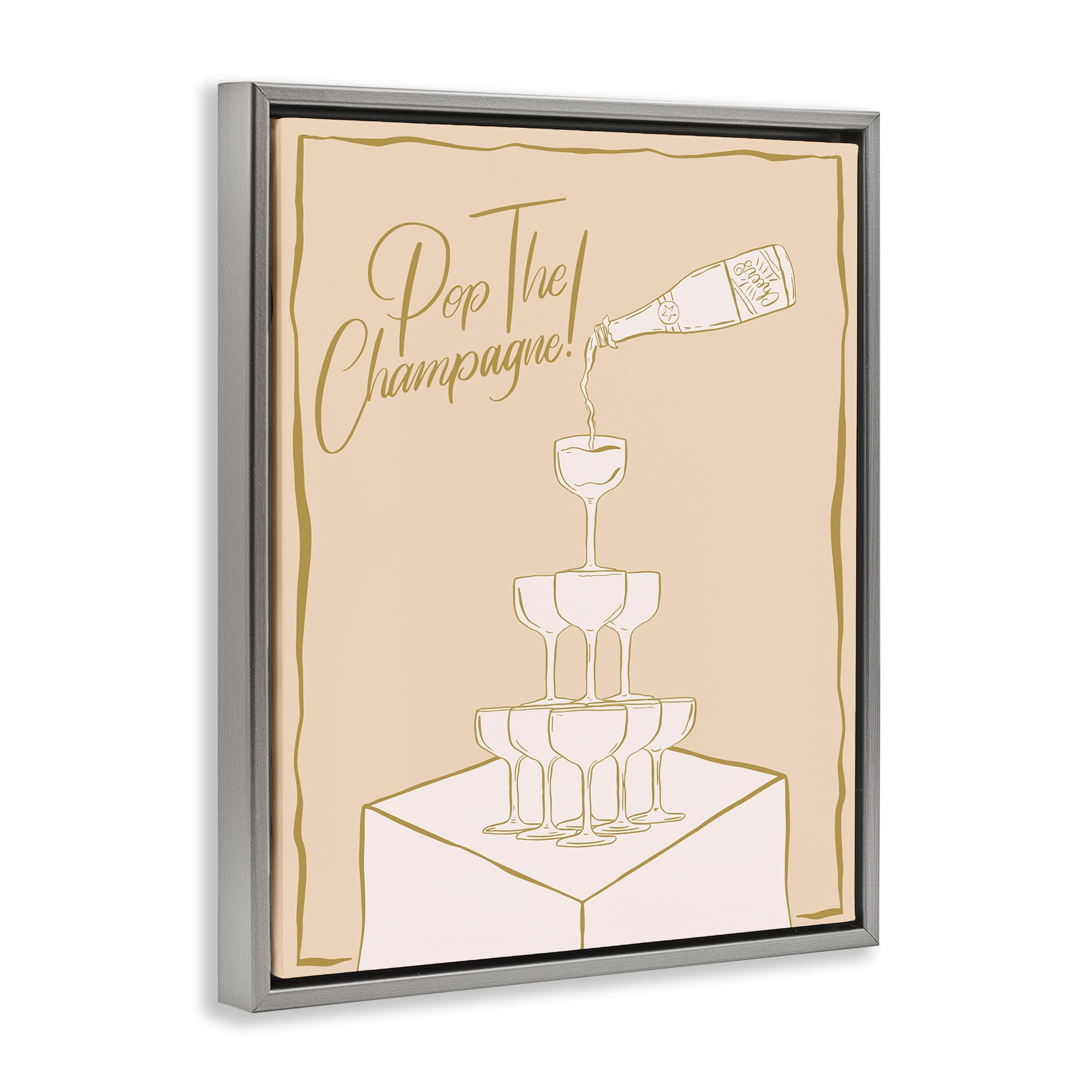 Stupell Industries Pop The Champagne Phrase Food & Beverage Painting Gray Floater Framed Canvas Art Print Wall Art, 17 x 21