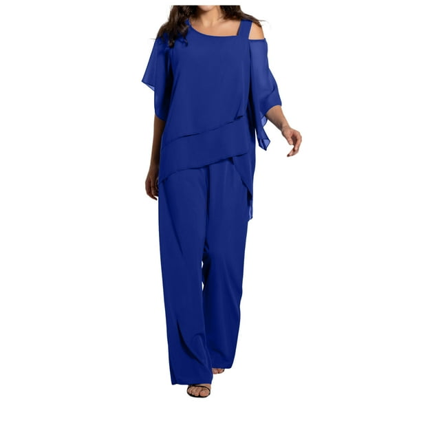 Conjunto informal de dos piezas con hombros irregulares para mujer: camisa y pantalones de gasa, elegante ropa de fiesta, tallas S-XXL