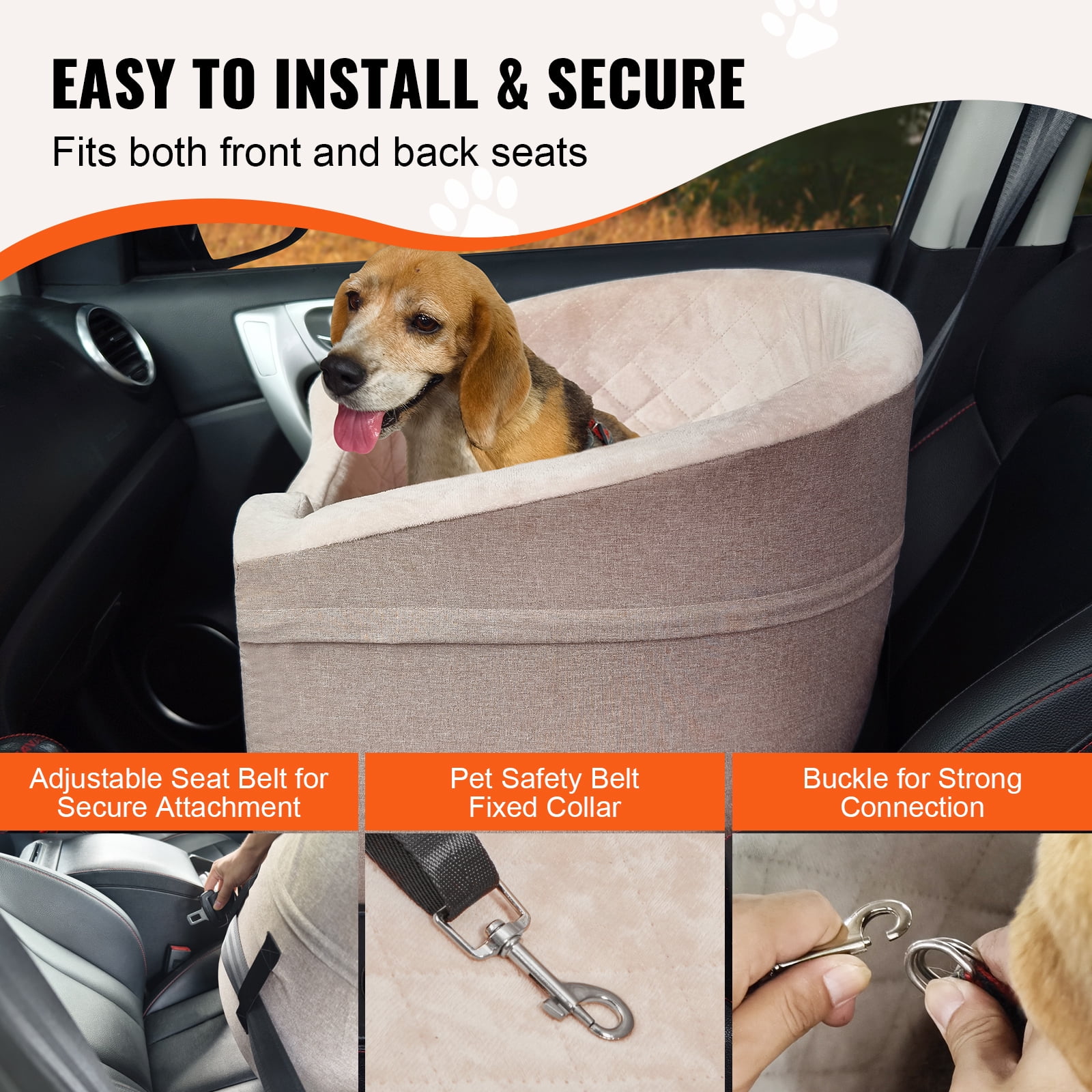 VEVOR Dog Car Seat, Waterproof Dog Booster Seat for Car with A Storage Pocket, Clip-On Safety Leash and Sponge Filling, Dog Car Bed for Small & Medium Dog up to 55lbs, Brown