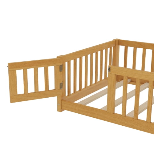 Modern Twin Size Floor Bed with Safety Guardrails and Door, Low Profile Design, Removable Slats for Versatile Use, Secure Sleeping and Playing Area, Natural