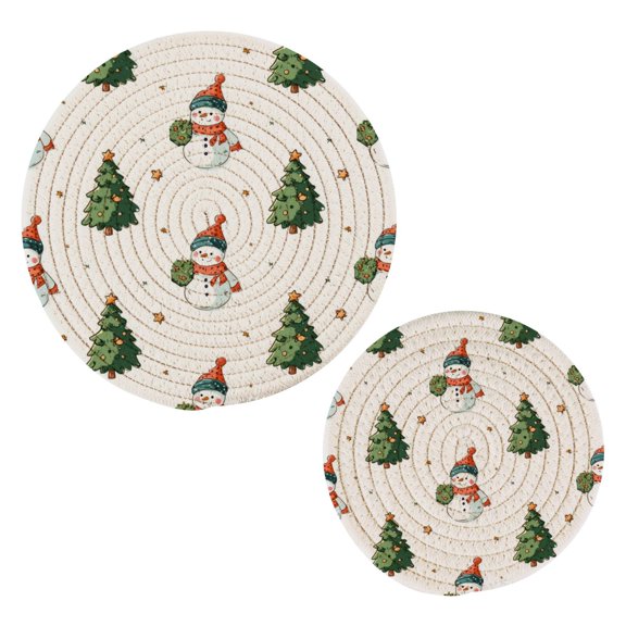 Cotton Rope Pot Holder Set of 2 Kitchen Trivets Cute Snowman and Christmas Tree Potholdersfor Hot Pans & Dishes