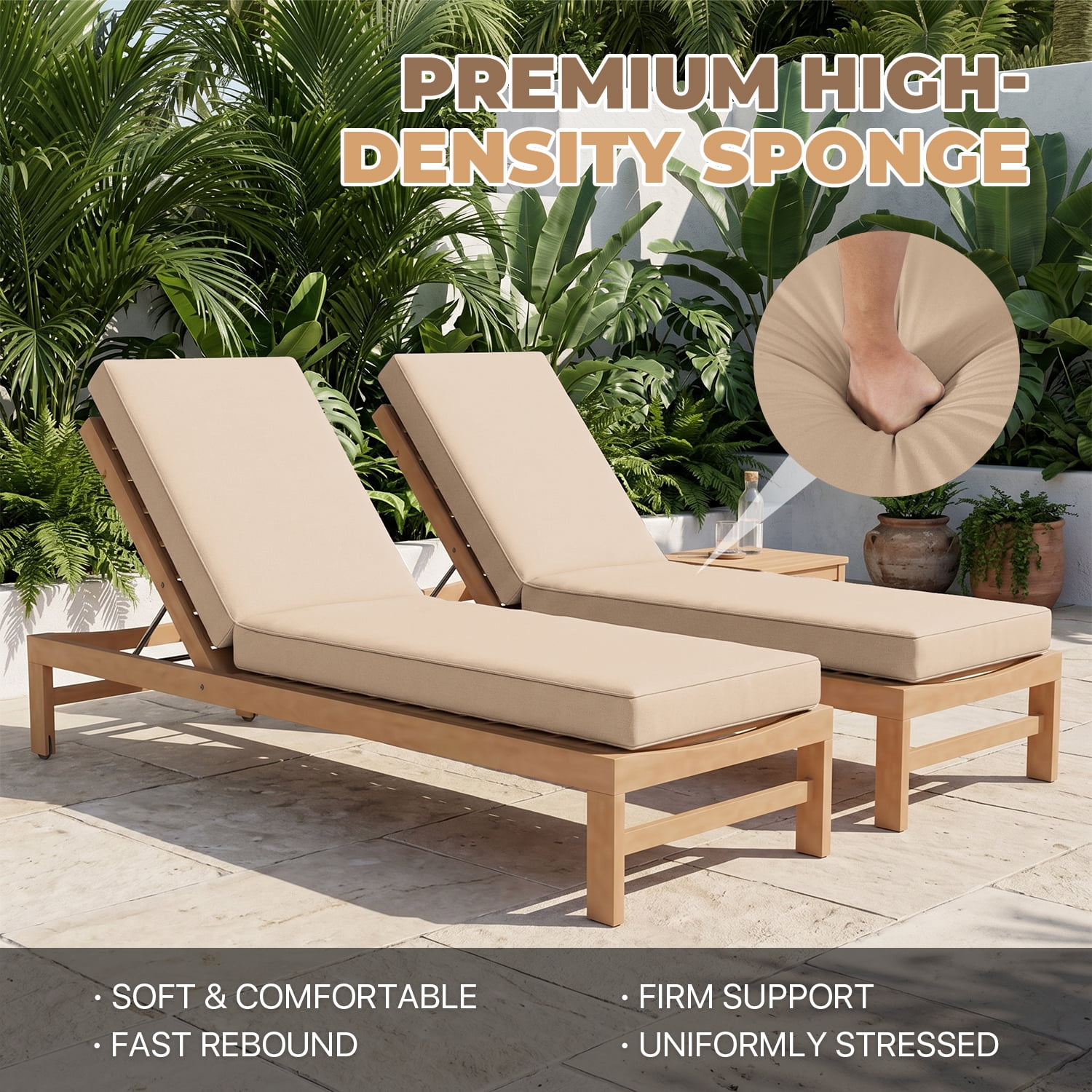 BaPiPro Beige 2‑Pack All‑Weather Outdoor Chaise Lounge Cushions, Waterproof High‑Density Patio Recliner Pads, Detachable Zipper Covers & Anti‑Slip Tie‑Downs, High‑Rebound Foam for Pool Garden Patio