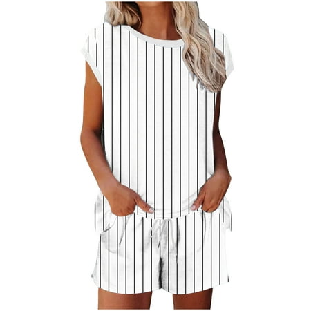 WCMZJ Womens Summer 2 Piece Sets Striped Short Sleeve T Shirts and Drawsting Elastic Waist Shorts Loungewear Matching Set White L