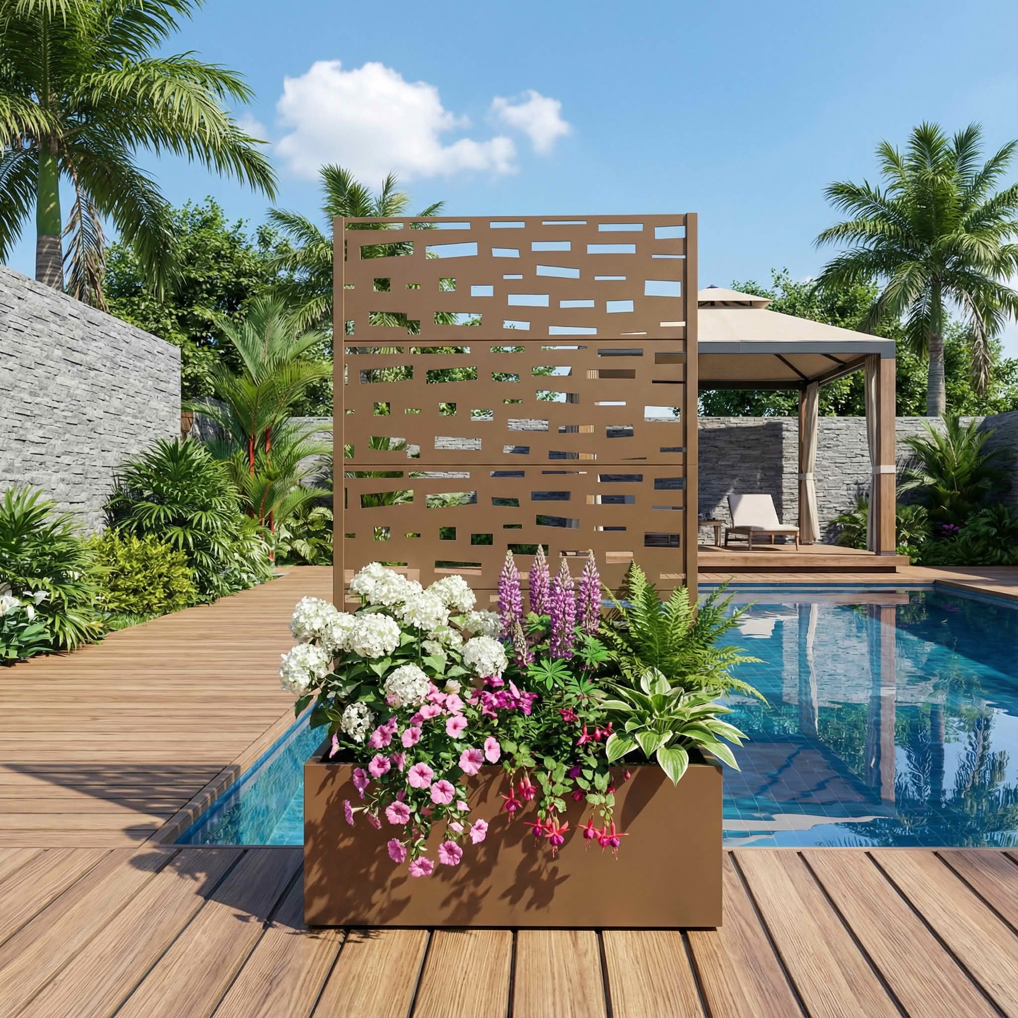 MAYEERTY 59X30" Metal Outdoor Brown Privacy Screen with Planter Box for Backyard & Garden, 4 Piece Set