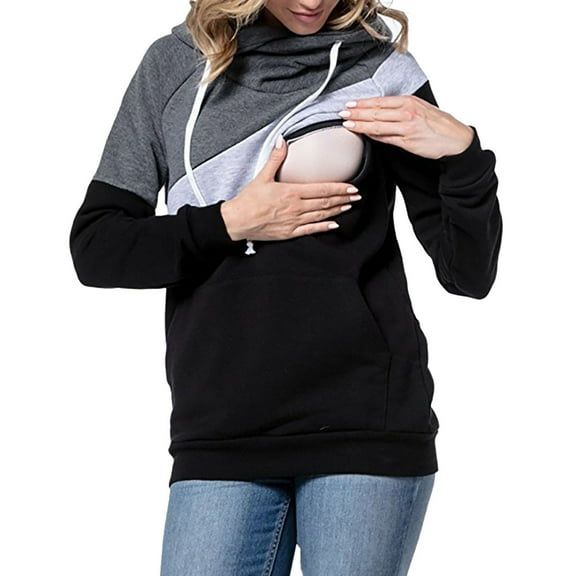 Xudanell Women Nursing Hoodie Sweatshirt Long Sleeved Patchwork Multifunctional Breastfeeding Maternity Tops Casual Clothes Grey L