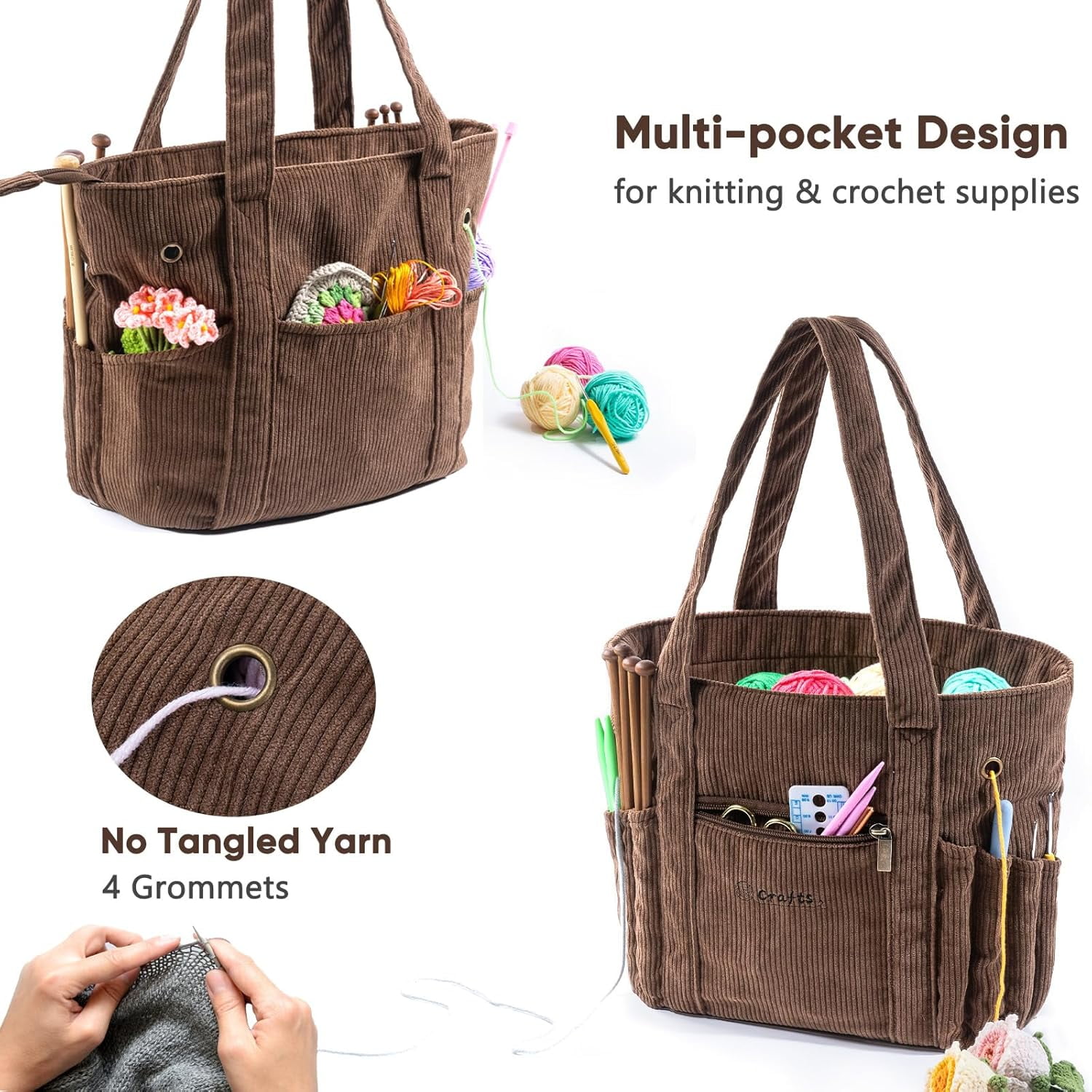 Crochet Bag and Tote - Corduroy Yarn Bag - Yarn Holder for Crocheting - Crochet Storage Bag for Crochet , Crochet Accessories, Knitting Bag for Crochet Lovers, Mother's Day Gift