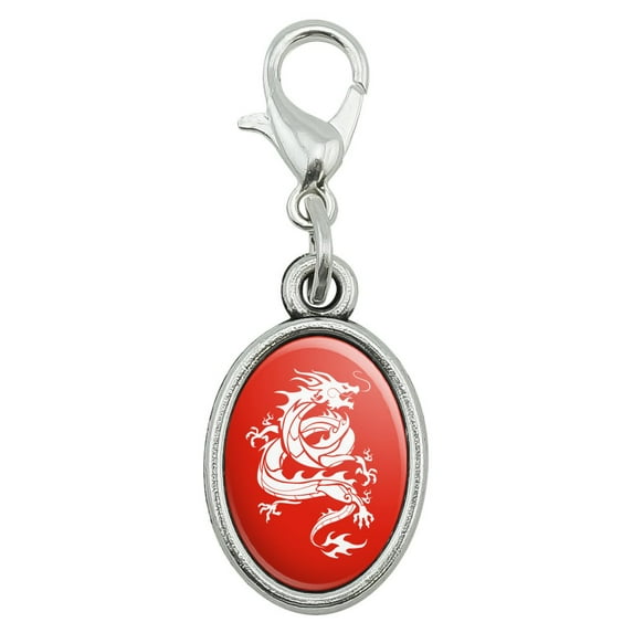 Tribal Dragon Asian Antiqued Bracelet Pendant Zipper Pull Oval Charm with Lobster Clasp