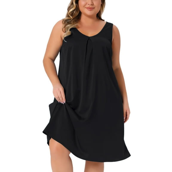 Agnes Orinda Women's Plus Size Satin Nightgowns V Neck Wide Straps Pleated Wide Sleepshirt Lounge Sleep Dress 1X Black