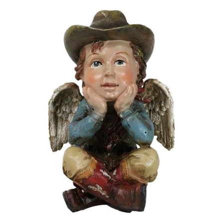 Country Rustic Western Cowboy Angel Wearing Hat And Red Boots Sitting Figurine