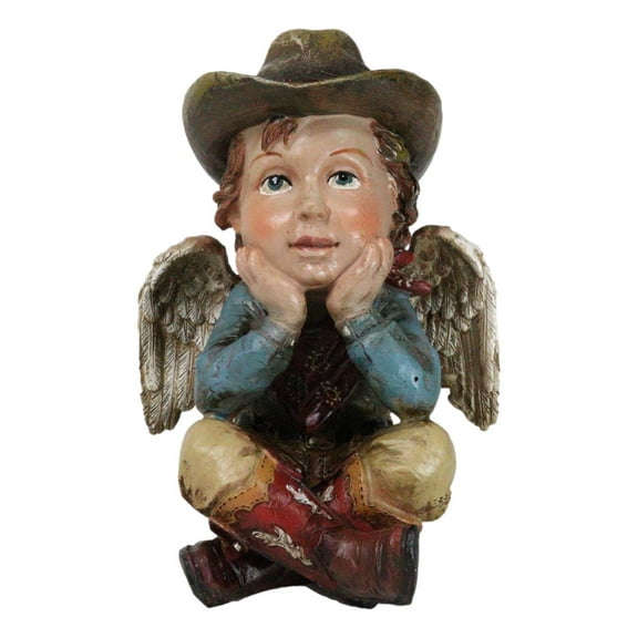 Country Rustic Western Cowboy Angel Wearing Hat And Red Boots Sitting Figurine