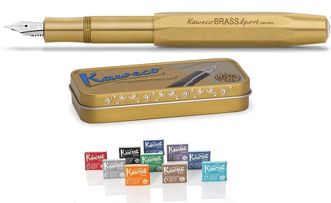 Kaweco Brass Sport Fountain Pen M + Kaweco ink 10 Assorted Colors 