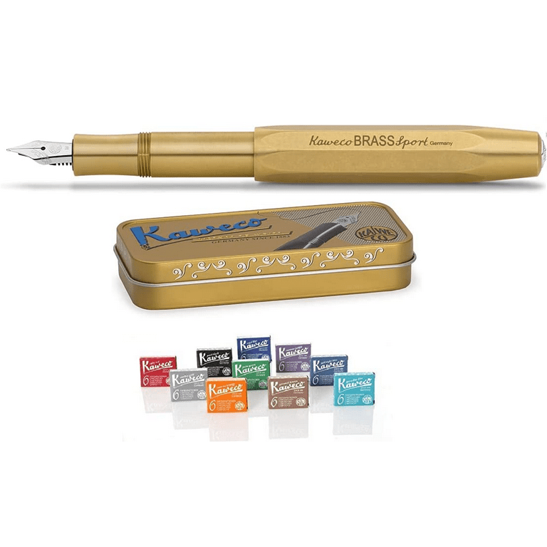 Kaweco Brass Sport Fountain Pen M + Kaweco ink 10 Assorted Colors 
