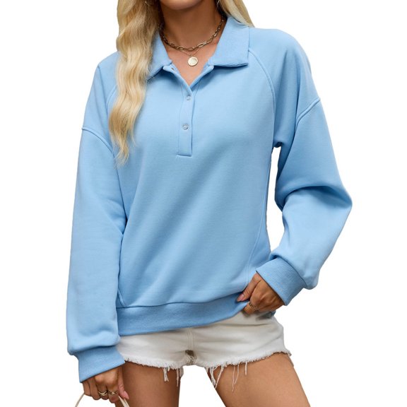 Womens Sweatshirts Oversized Casual Long Sleeve Snap Button Henley Neck Lightweight Soft Thermal Casual Fall Daily Outfits Sky Blue L
