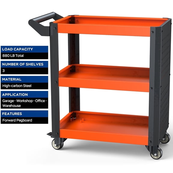Heavy Duty 880 lbs Capacity 3-Tier Rolling Tool Cart, 37.5 lbs Solid High-Carbon Steel Service Cart with 2.0mm Thick Plates & Silent Casters