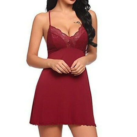 GZWYHT Silk Pajamas Clearance Nightgowns for Women Women s Sleepwear Slips Strap Nightgown V Neck Chemise Lace Lingerie Underwear Lingerie for Women Babydoll Lingerie  Wine Red XL