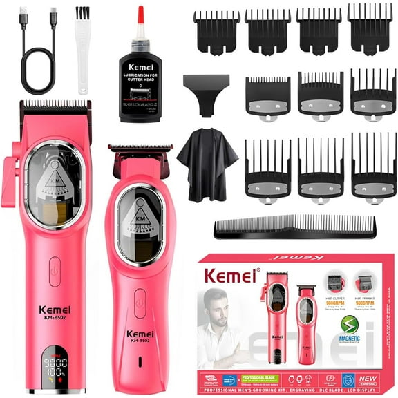 KEMEI Hair Clipper and Trimmer Set Professional Cordless Hair Clipper for Men, Electric Barber Clipper Hair Cuttings Kit, 9000 RPM Motor, DLC T-Blade Trimmers for Men with LCD Display, KM-8502, Pink