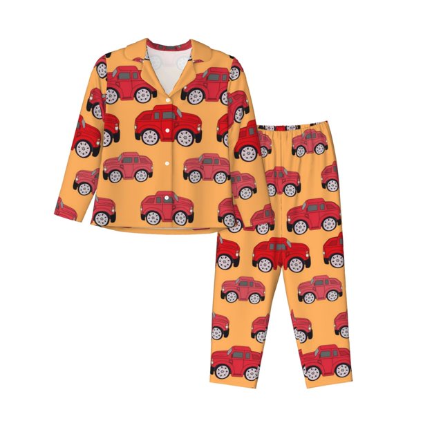 Balery Red Cars Conjunto de Pijama con Estampado para Mujer, Conjunto de Dos Piezas con Manga Larga, Ropa de Dormir Suave con Bolsillos, Pijamas Cómodos-Large
