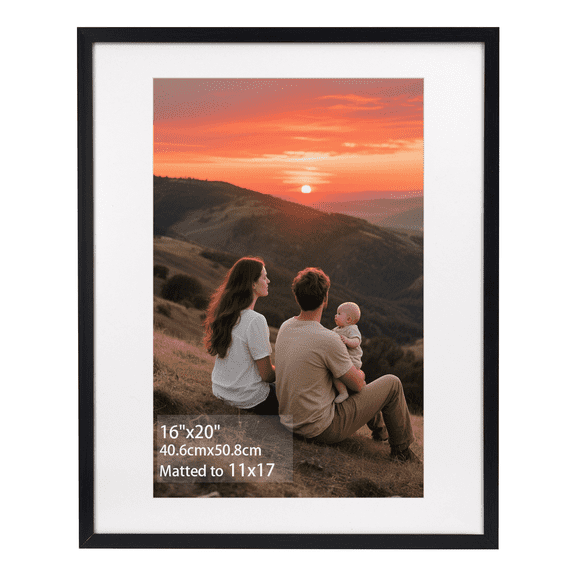 16x20 Picture Frames, Matted to 11x17 Photo, Gallery Wall Picture Frame, Black, Single