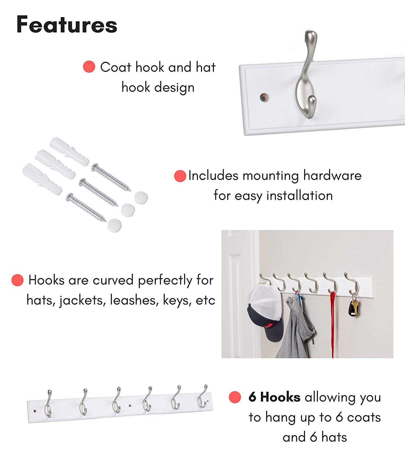 BirdRock Home Hook Coat and Hat Rack 2 Pack 6 Hooks 27