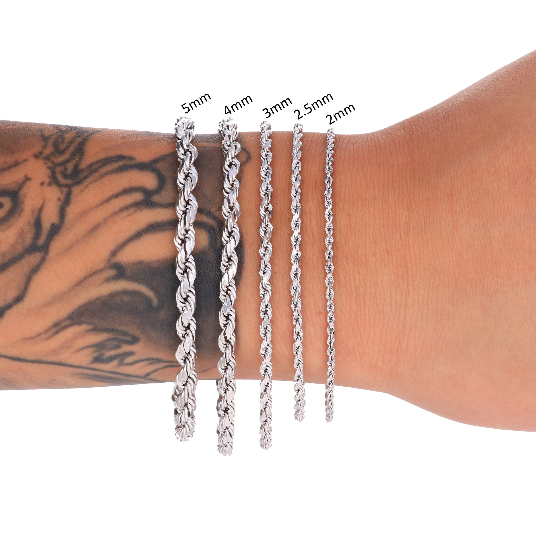 Nuragold 10K Real White Gold Rope Diamond Cut Chain Bracelet 7"-9" (2mm-5mm) Italian Jewelry for Men & Women