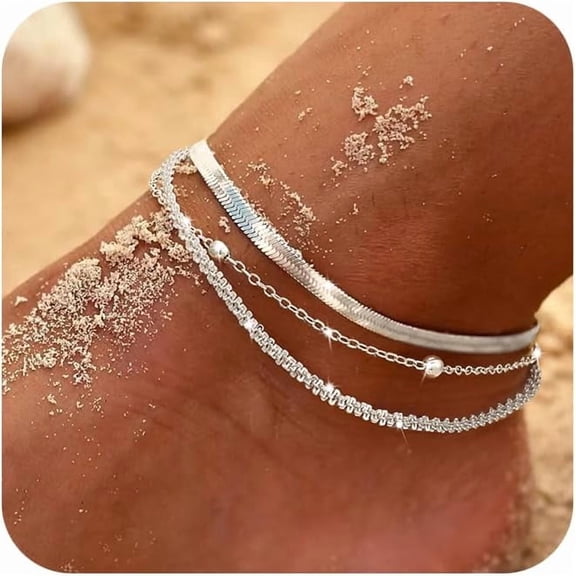 Sterling Silver Ankle Bracelets for Women – Dainty Layered Waterproof Anklet Set – Adjustable Sparkly Herringbone, Beaded & Rope Chain – Stackable Summer Beach Jewelry – 3-Piece Set