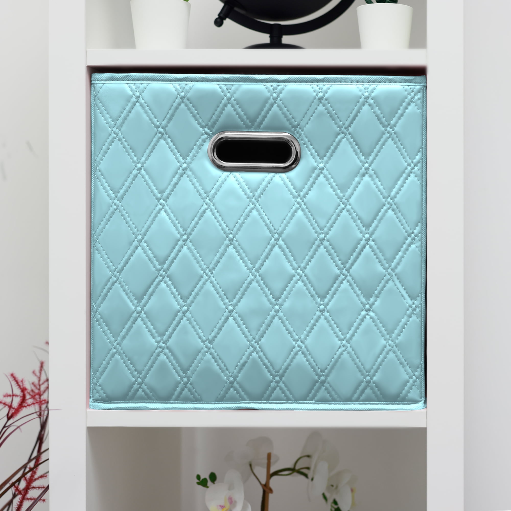 JIAessentials Set of 4 Foldable Faux Leather Cube Storage Bins Collapsible Baskets 12 inch with Dual Handles - Blue Medium