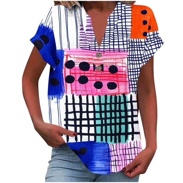 Vestidos Casuales Para Mujer, Blusas De Mujer De Moda Camiseta informal de manga corta con cuello en V y botones para mujer