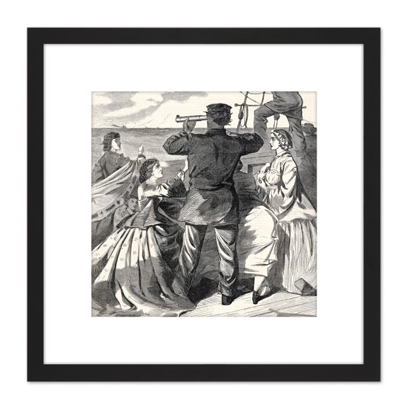 Homer Approach British Pirate Ship Alabama Drawing 8X8 Inch Square Wooden Framed Wall Art Print Picture with Mount