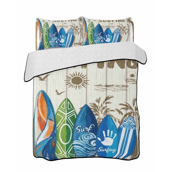 Quilts King Size Bedding Set, Beach Surfboard Lightweight Quilted Comforter, Summer Sea Surfing Tropical Botanical Tree Reversible Bedspread Coverlet with Pillow Covers for All Season, 96" x 106"