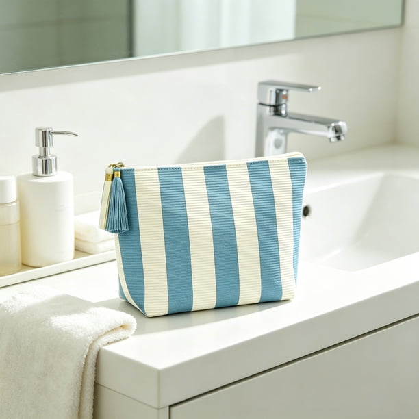 Bolsa de Almacenamiento de Pana a Rayas con Forma de Concha Marina: Neceser de Viaje, Organizador de Artículos de Aseo Moderno y Portátil para Maquillaje y Artículos Esenciales de Uso Diario.