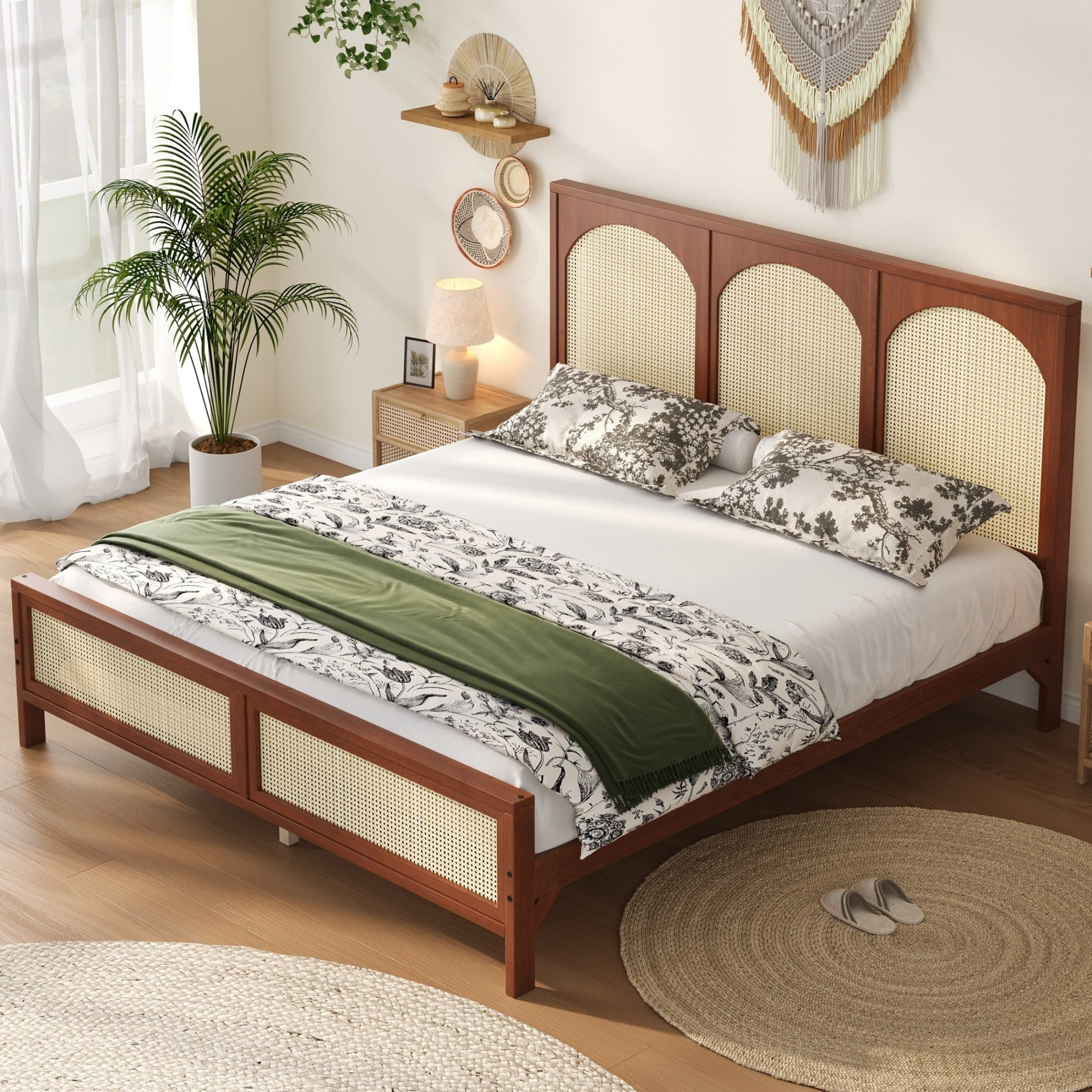Alvantor King Size Wood Bed Frame with Rattan Headboard & Footboard, Walnut+Beige
