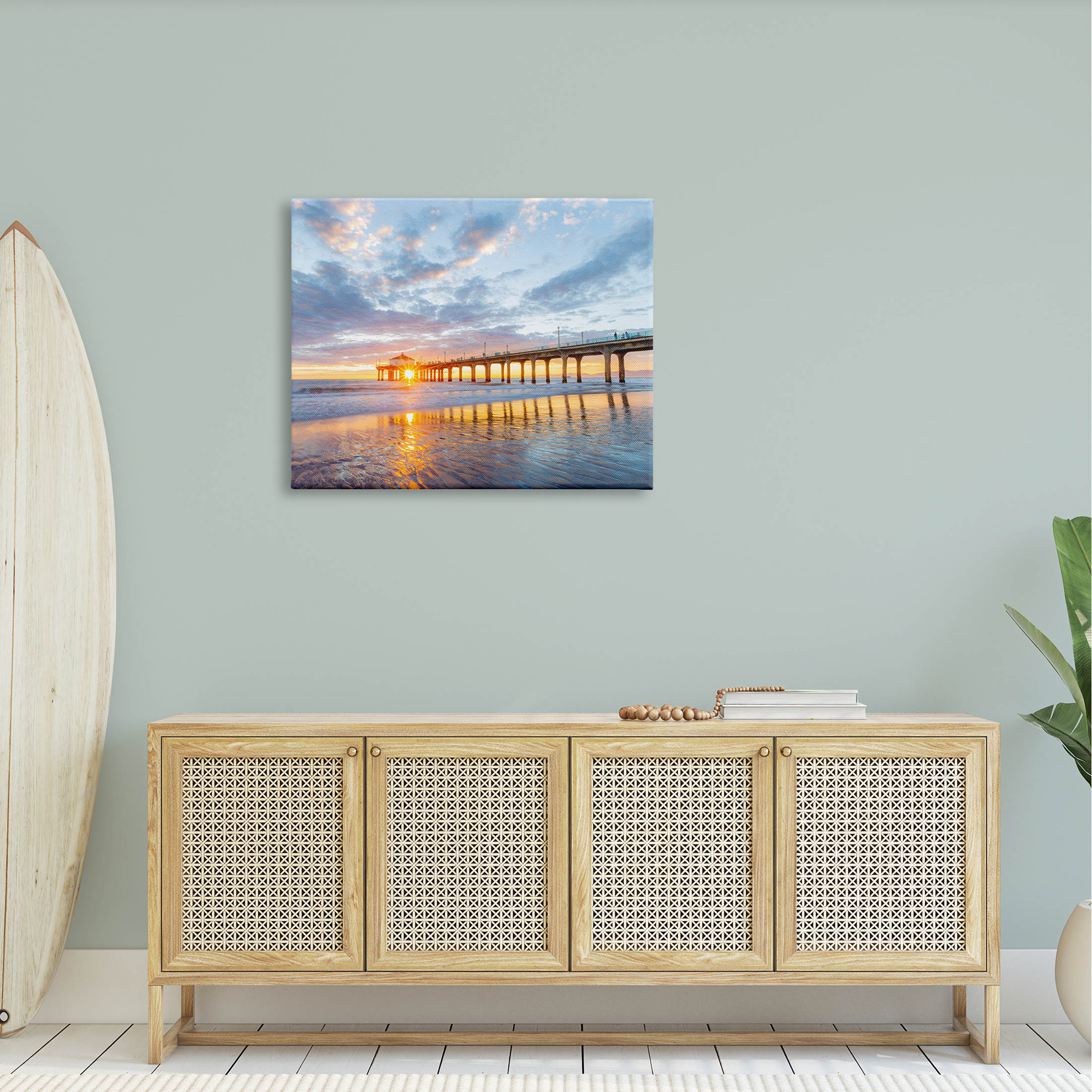 Ocean Pier Sunrise Reflection Coastal Photograph Gallery Wrapped Canvas Print Wall Art