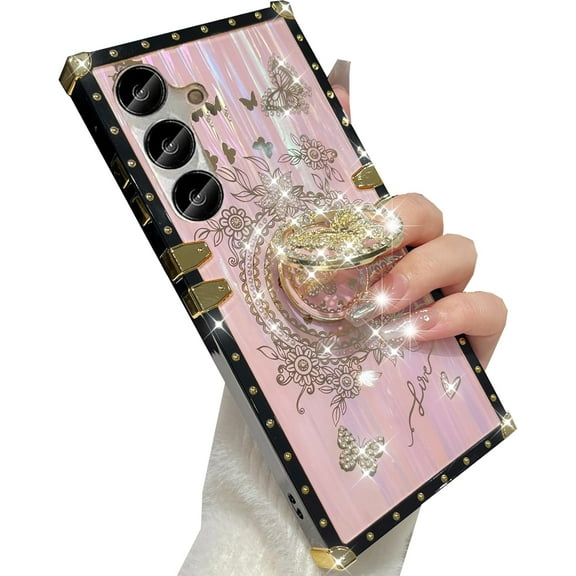 for Samsung Galaxy S25 Glitter Kickstand Case,Cute Luxury Bling Sparkly Marble Floral Diamond Butterfly with Ring Stand Elegant Shockproof Protective Case for Women Girls for Galaxy S25,Pink