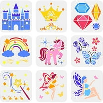 9 Pcs Fantasy Theme Stencils 5.9x5.9 inch Butterfly Stencil Plastic Unicorn Stars Fairies Castle Crown Magic Wand