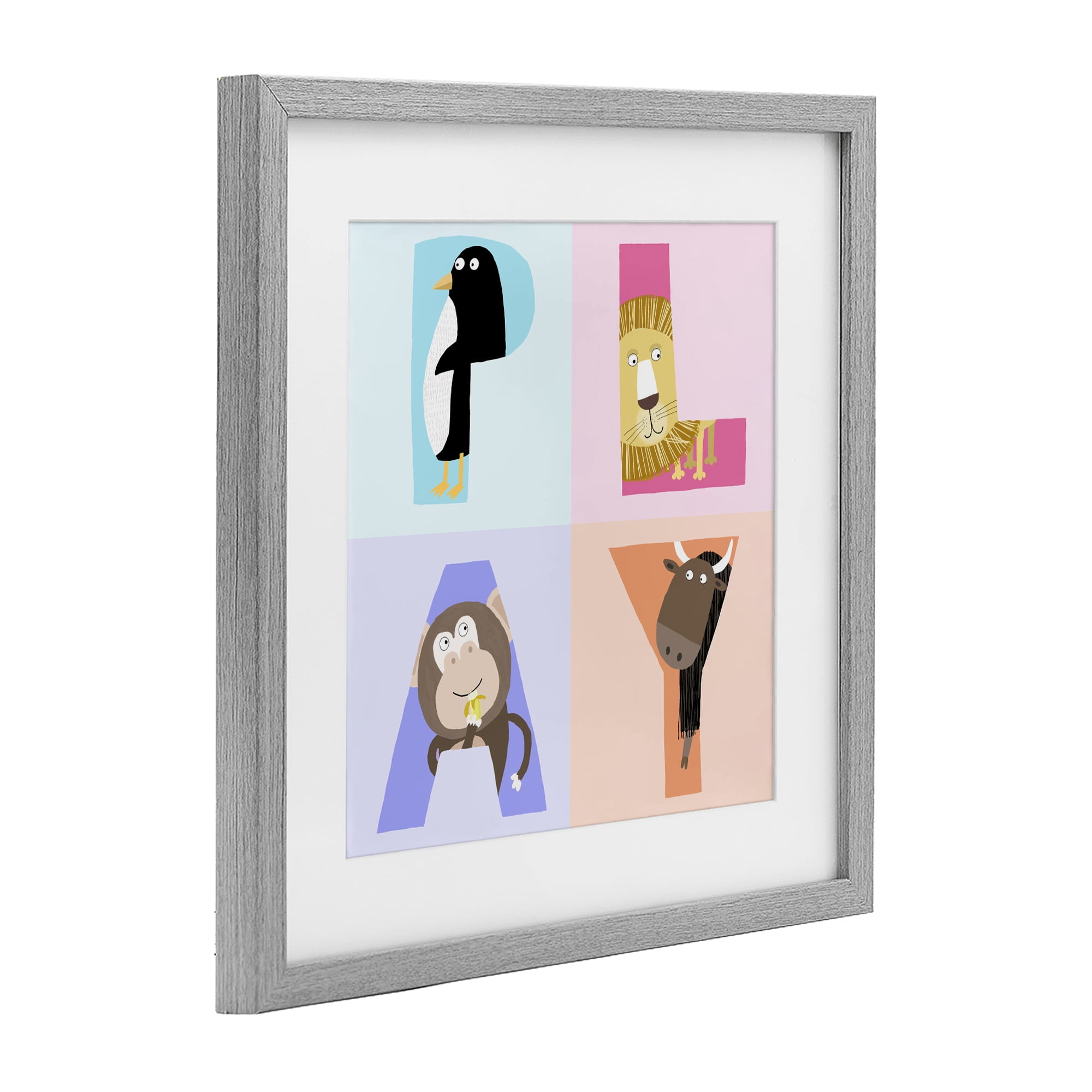 Stupell Industries Play Letters Squares with Animals Gray Framed Print Under Glass, design by Carla Daly