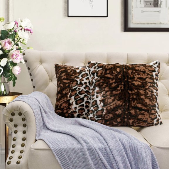Home Soft Things Faux Fur 2 Piece Throw Pillow Cover Set - ML Leopard - 20'' x 20''